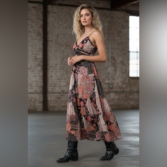 NWT Angie Clothing Boho Floral Patchwork Mixed Media Crochet Gypsy Dress - Picture 6 of 8